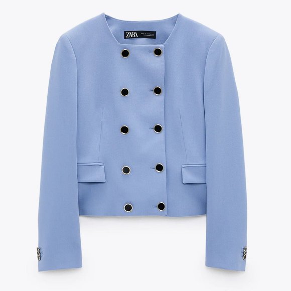 NEW Zara Cropped Double Breasted Blazer Mid Blue S - Picture 6 of 11